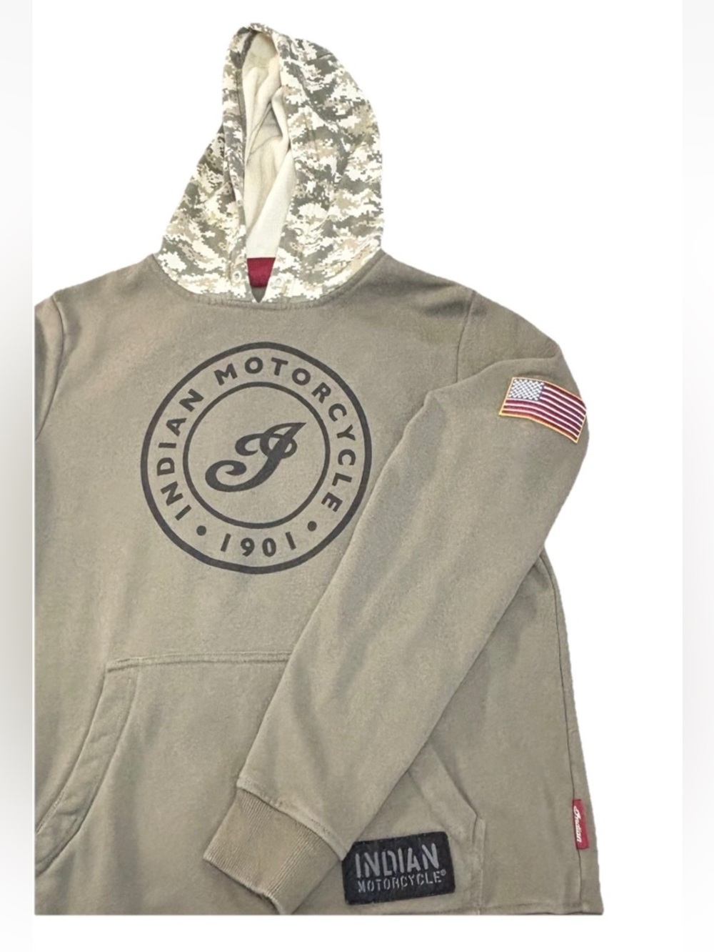 Indian Motorcycles Hoodie Men’s Medium Green Camouflage America Flag Patch